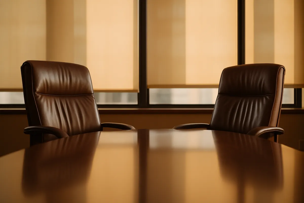 Two empty brown leather office chairs facing a polished wood conference table in front of tall windows