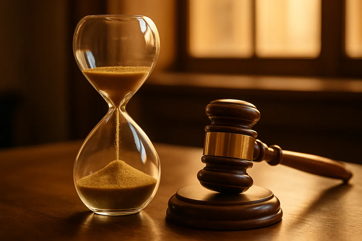 An hourglass with golden sand running through it on a wooden desk beside a wooden gavel on its sound block, with a warmly lit window in the background
