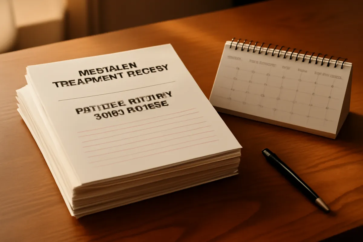 A thick stack of printed pages beside a small spiral-bound desk calendar and a dark pen on a warm wood-toned desk, lit from the side