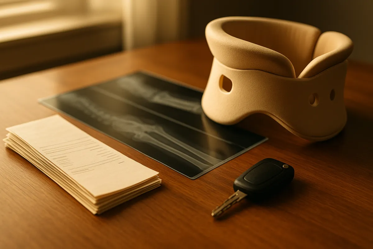 An X-ray film showing the bones of a forearm resting on a wooden desk beside a foam cervical collar, a stack of papers, and a car key