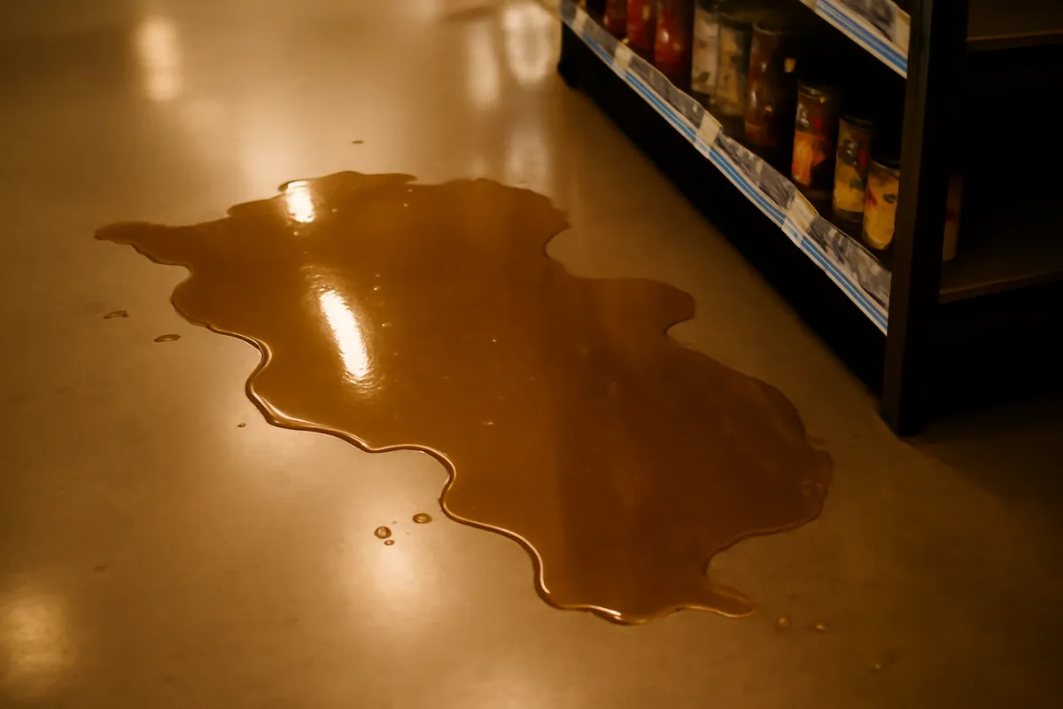 A spill pooling on a glossy supermarket aisle floor beside a shelf stocked with jarred goods