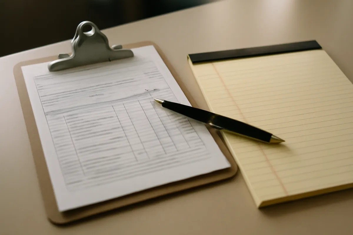 A clipboard holding a lined intake form beside a yellow legal pad and a pen on a desk, lit from one side
