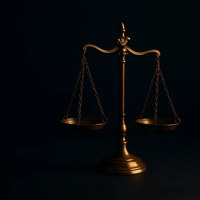 A bronze balance scale with chained pans standing on a dark surface, lit from above against a near-black background